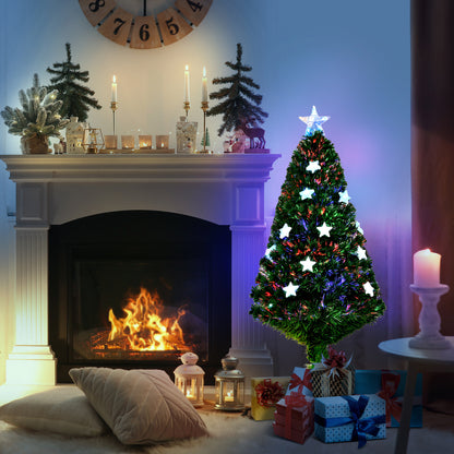 HOMCOM 4FT Prelit Artificial Christmas Tree Fibre Optic Star LED Light Holiday Home Xmas Decoration with LED Light for Indoor Party, Green