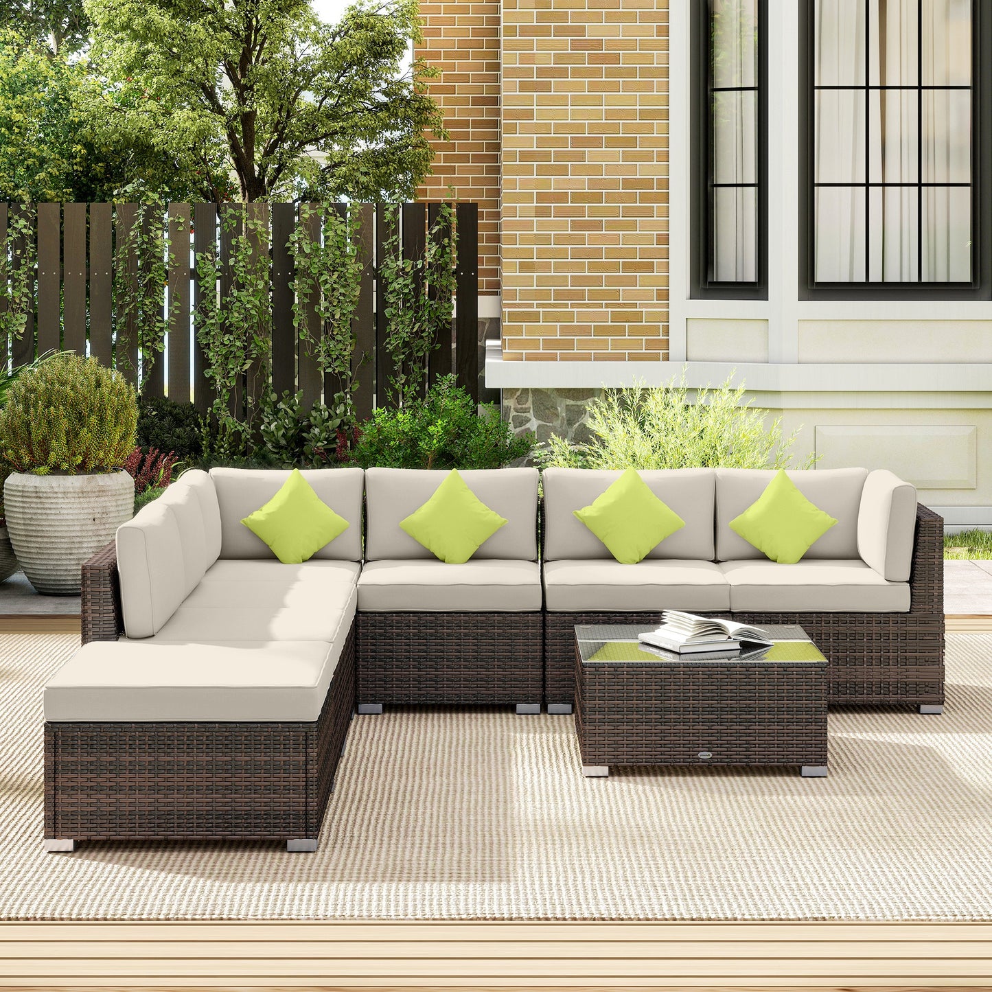 Outsunny 8-Piece Rattan Corner Sofa Set | Garden Furniture with Cushions & Glass Table