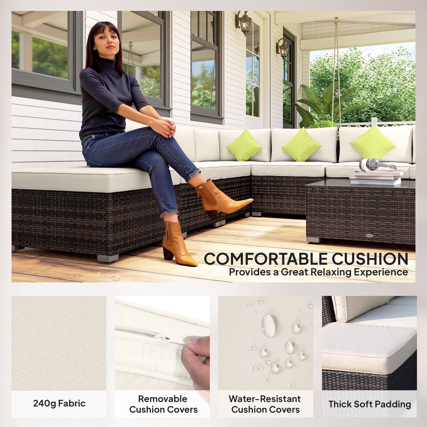 Outsunny 8-Piece Rattan Corner Sofa Set | Garden Furniture with Cushions & Glass Table