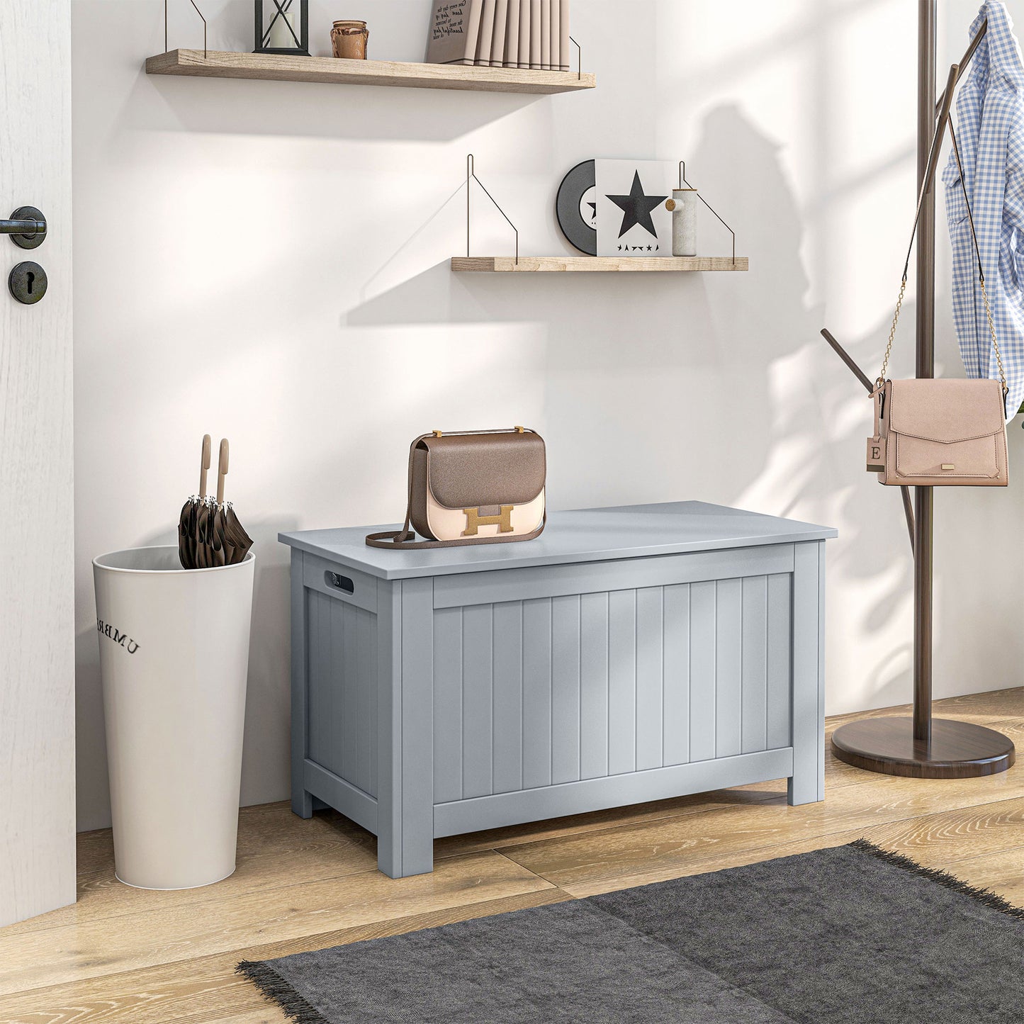 HOMCOM Grey Lift-Top Storage Chest | Toy Box & Blanket Storage Bench