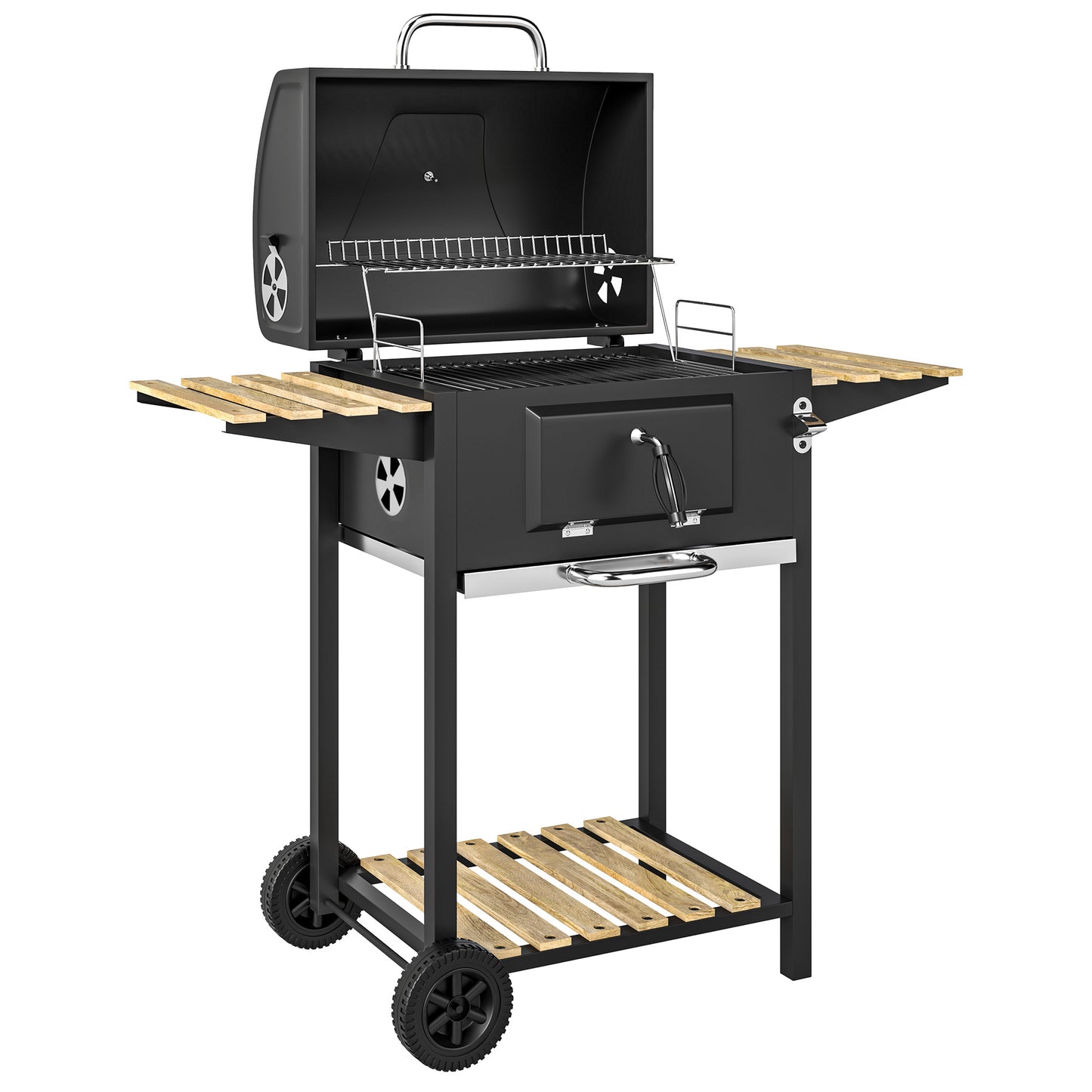 Outsunny Adjustable Charcoal BBQ Grill & Smoker with Warming Rack - Black