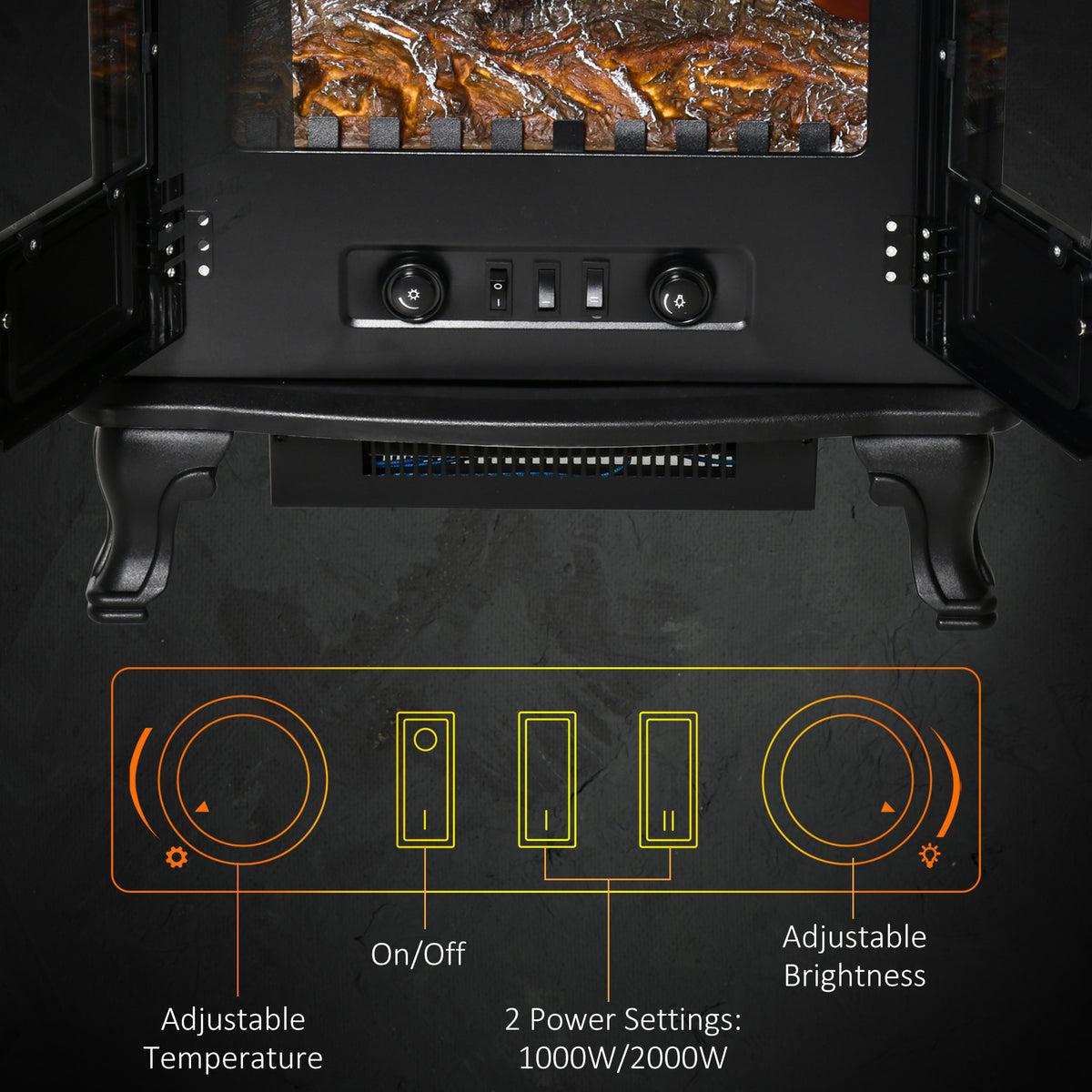 HOMCOM Electric Fireplace Stove Freestanding Log Burner with Double Door, 1000W/2000W, Portable Electric Fire Fan Heater with LED Flame Effect, Adjustable Thermostat, Overheat Protection, Black