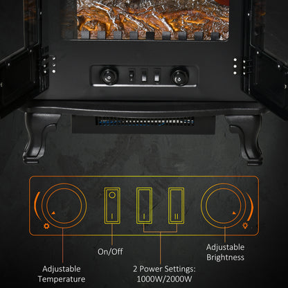 HOMCOM Electric Fireplace Stove Freestanding Log Burner with Double Door, 1000W/2000W, Portable Electric Fire Fan Heater with LED Flame Effect, Adjustable Thermostat, Overheat Protection, Black