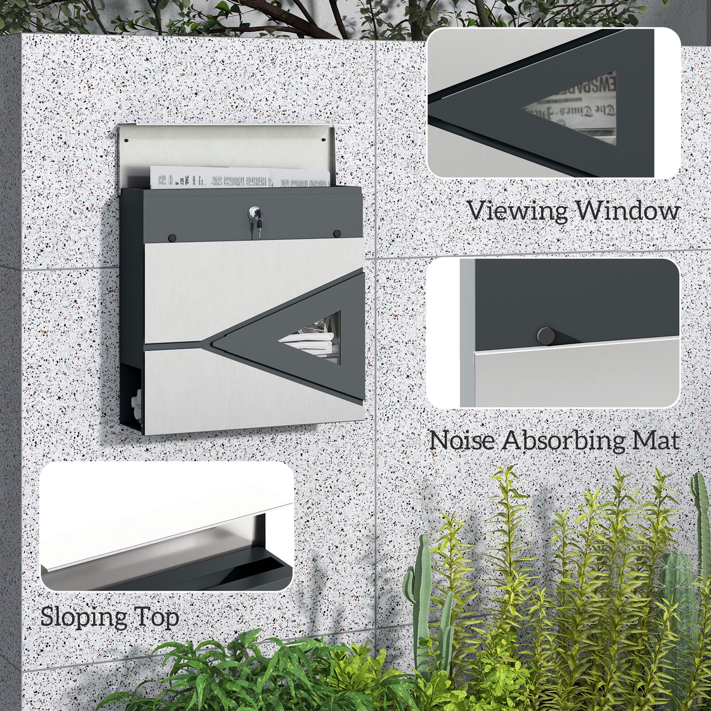 HOMCOM Wall Mounted Post Box - Modern Weatherproof Letterbox with Lock & Keys - Stainless Steel Design for UK Homes