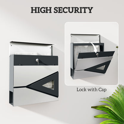 HOMCOM Wall Mounted Post Box - Modern Weatherproof Letterbox with Lock & Keys - Stainless Steel Design for UK Homes
