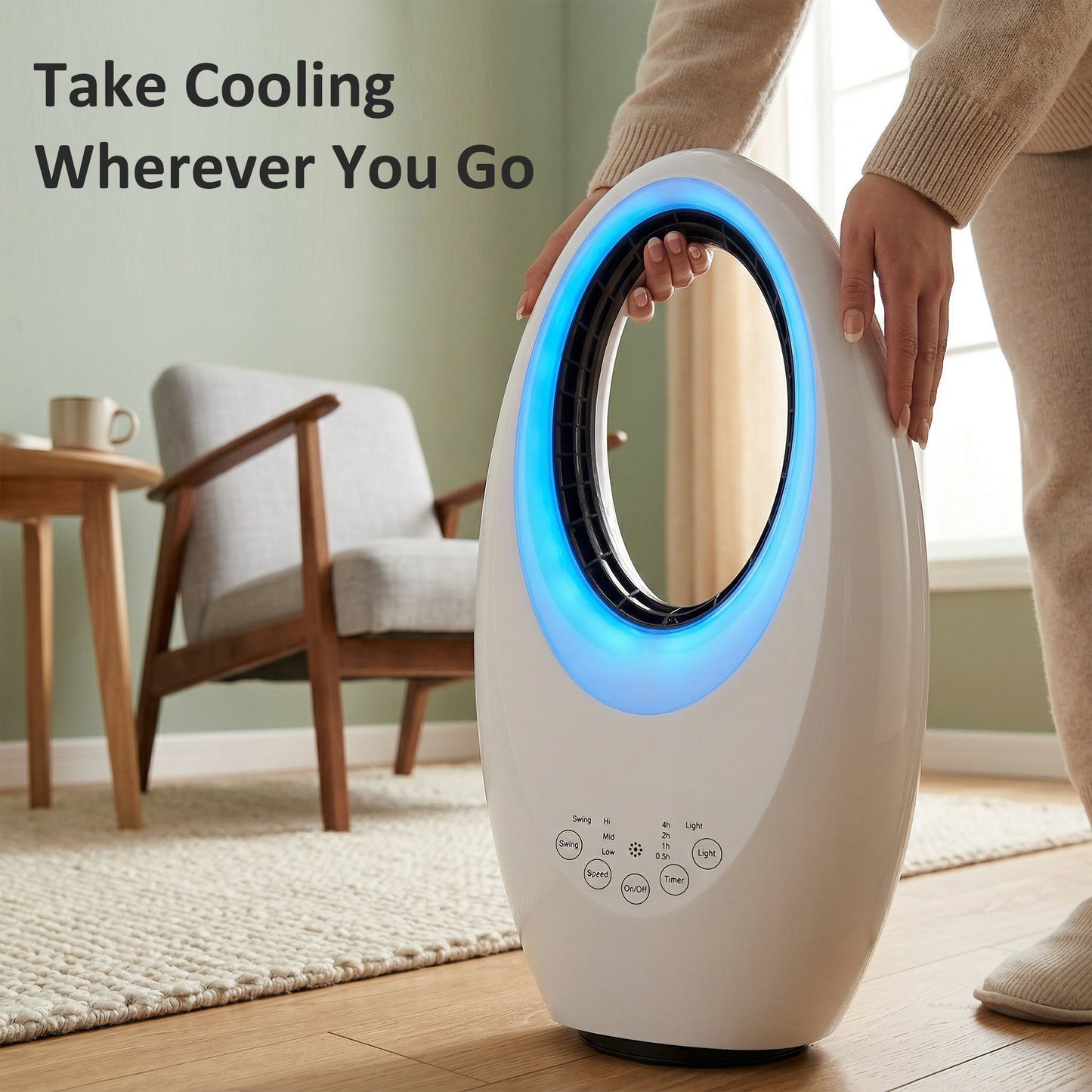 HOMCOM Bladeless Tower Fan with 4-Colour LED Mood Light | 36dB, 6m/s, 60° Oscillation, 7.5H Timer, Remote — White
