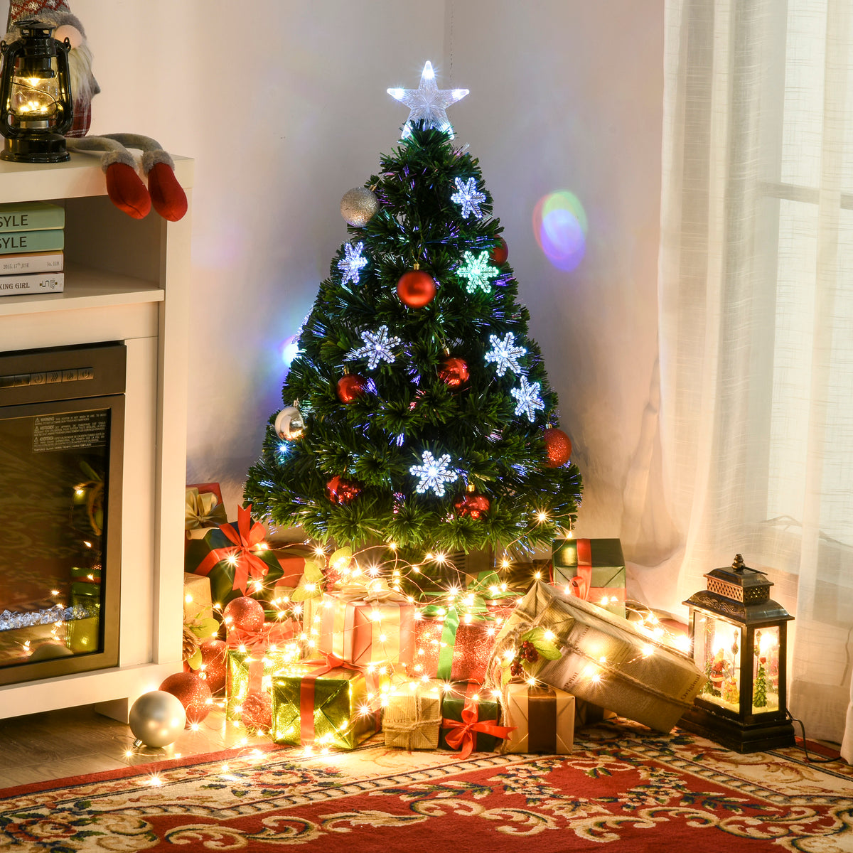 HOMCOM 3FT Green Fibre Optic Artificial Christmas Tree Xmas Colourful LED Scattered Tree with Snowflakes Ornaments Fireproofing