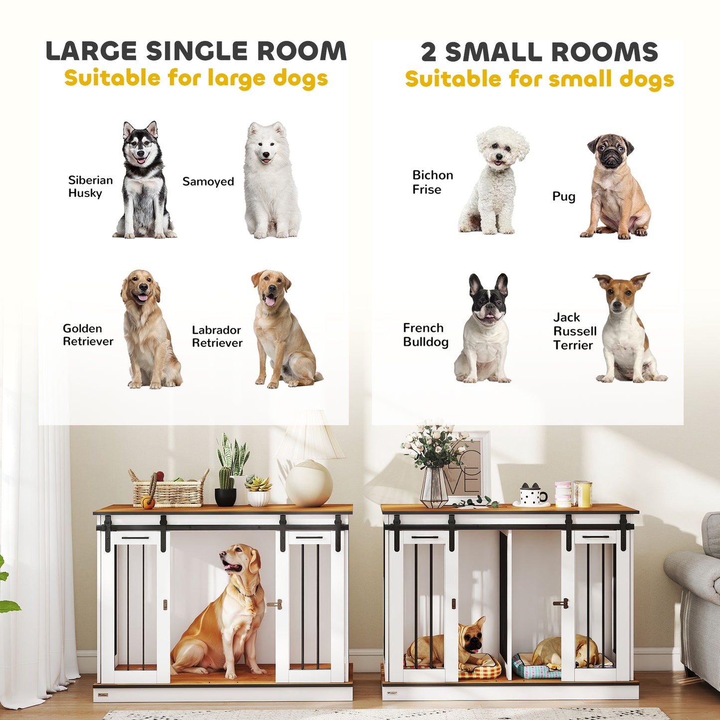 PawHut Dog Crate Furniture | Double Dog Cage with Divider, White