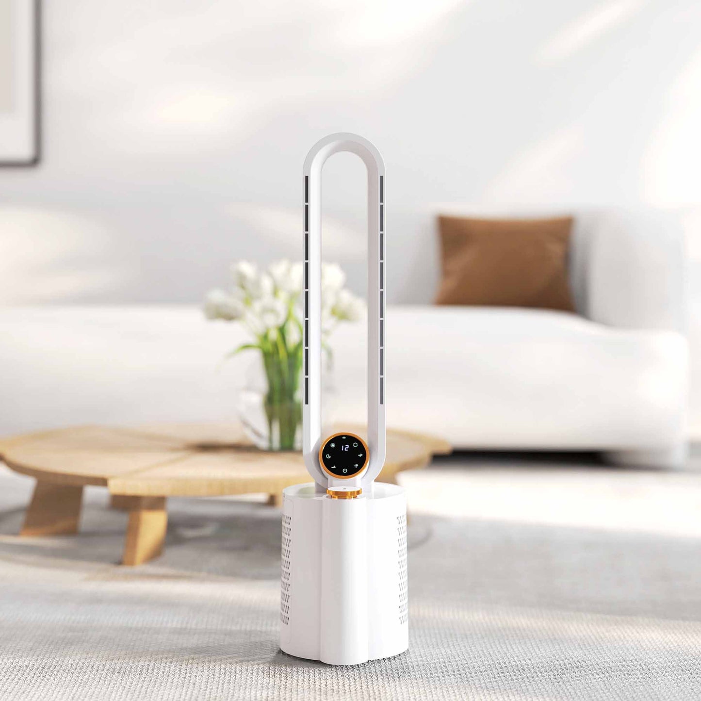 HOMCOM Bladeless Tower Fan with Humidifier & UV Sterilisation | 28dB, 12 Speeds, 90° Oscillation, 8H Timer — White